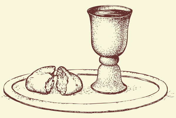 Vector symbol of Communion: bread and wine in bowl
