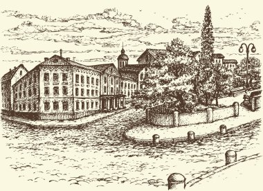 Şehir merkezinde sonbahar günü bulutlu. Vektör çizimi