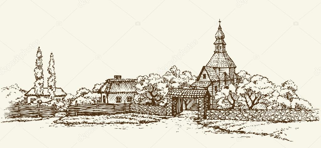 Old Ukrainian village. Vector sketch