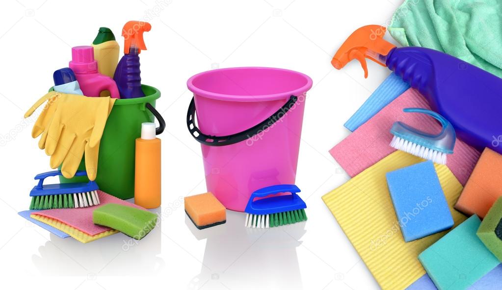 Various means for cleaning on white background