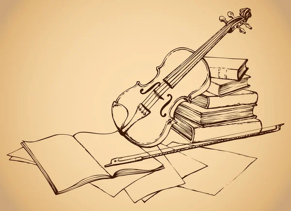 Vector sketch. Violin on old books — Stock Vector