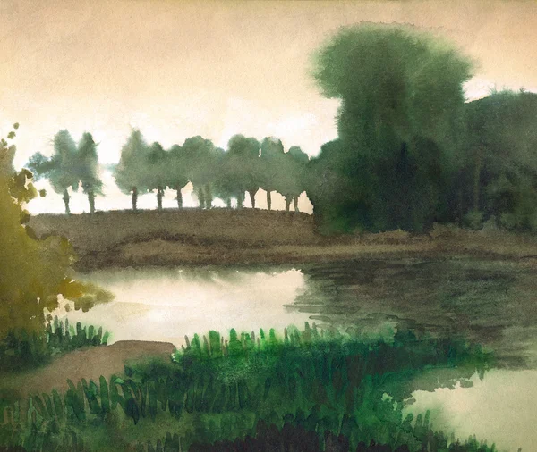 Watercolor landscape. Trees on the shore of quiet lake — Stock Photo, Image