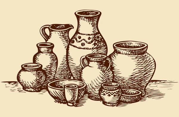 Clay pots of different sizes and shapes. Vector sketch — Stock Vector