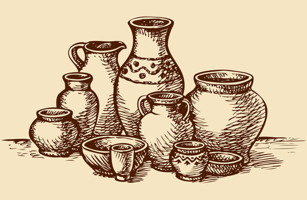 Clay pots of different sizes and shapes. Vector sketch