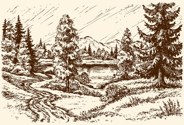Sökvägen till sjön. Vector landskap — Stock vektor