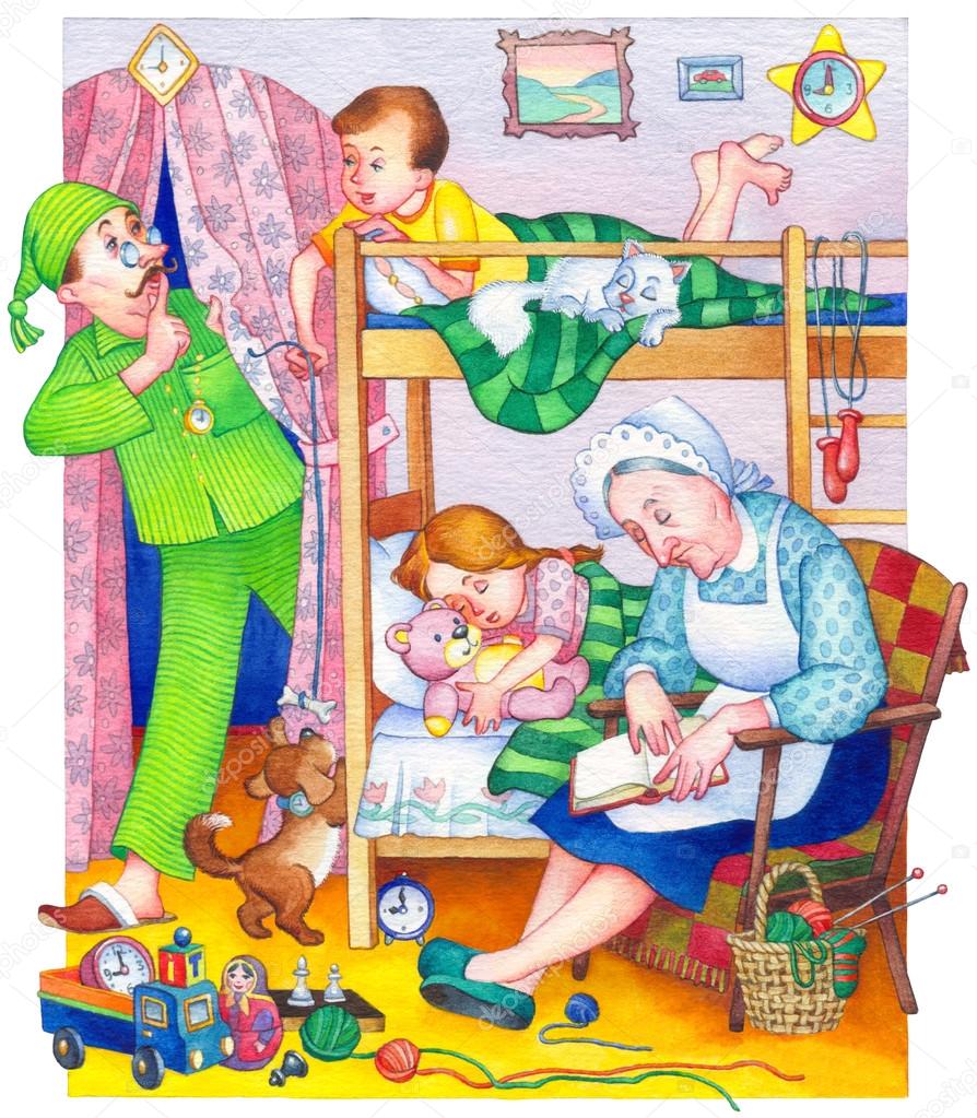 Watercolor illustration. Children in bedroom