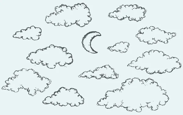 Vector schets. Wolken en halve maan — Stockvector