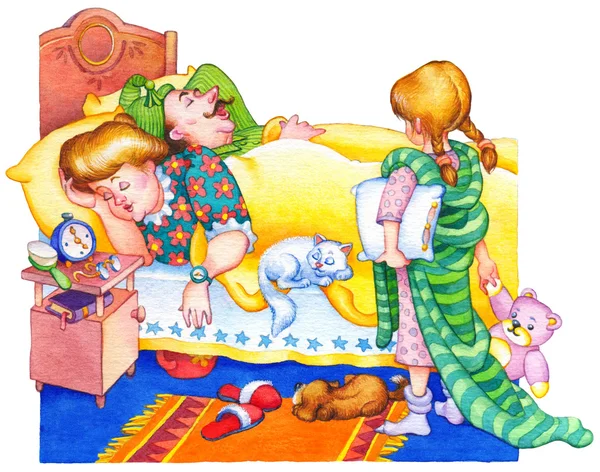 Watercolor illustration. Children wake up parents — Stock Photo, Image