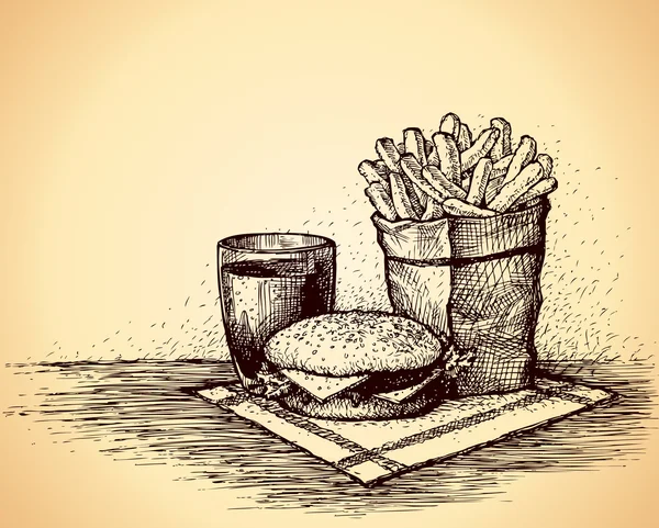 Coca, hamburguesa y papas fritas en el paquete. Dibujo vectorial — Archivo Imágenes Vectoriales