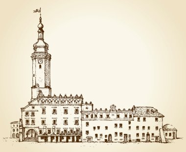 Antik Lviv Belediye Binası. Vektör cityscape