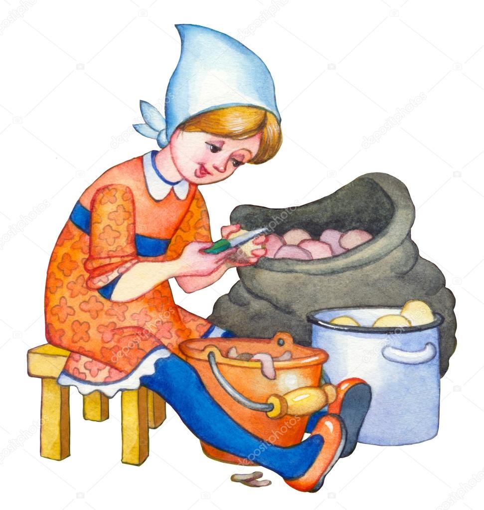 Watercolor illustration. Girl cleans potatoes