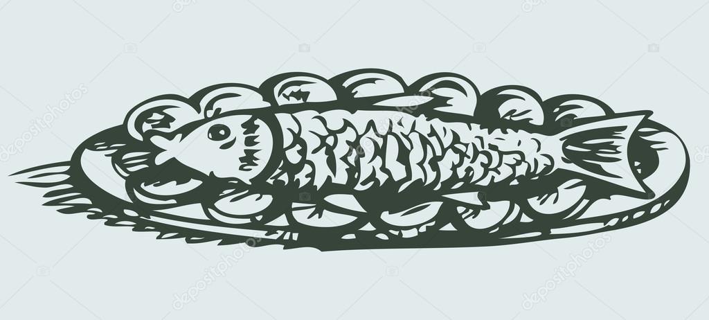 Fish in a plate with lemon. Vector drawing