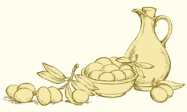Le dessin vectoriel. Nature morte d'huile dans des branches de cruche et d'olives — Image vectorielle