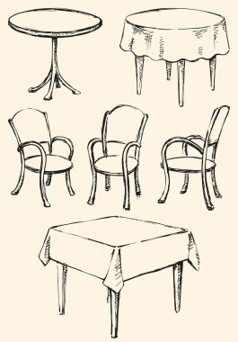 Different Сhairs and tables. Vector sketch clipart