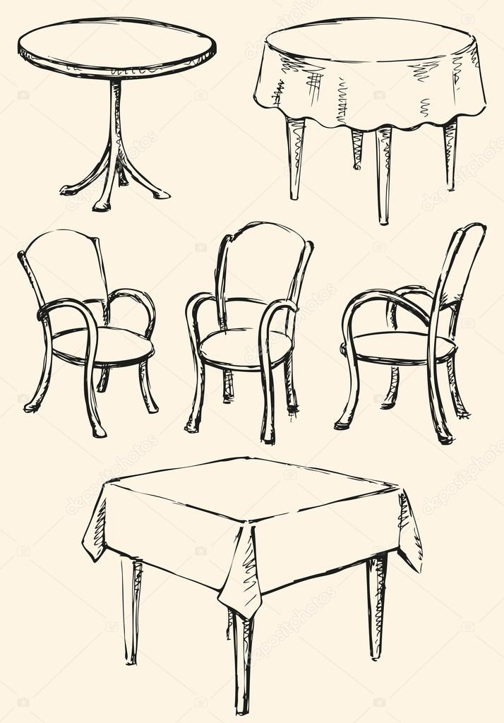 Different Сhairs and tables. Vector sketch
