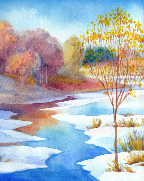Proud v lesnatém údolí zimního dne. Akvarel krajiny — Stock fotografie