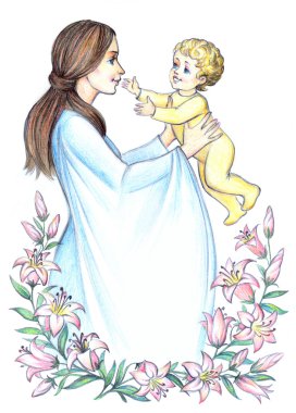 Mutlu anne ile çocuk arasında çiçekli zambaklar. Kalem çerçeve