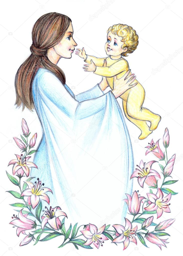 Cute Drawing Mother And Baby Happy Mother With Child Among