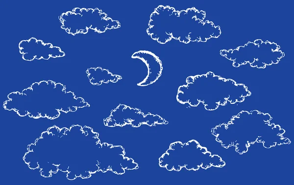 Boceto vectorial. Nubes y media luna — Vector de stock