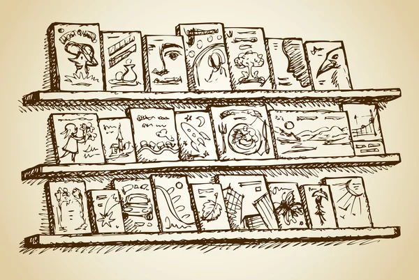 Книжные полки и книги. Векторный рисунок — стоковый вектор
