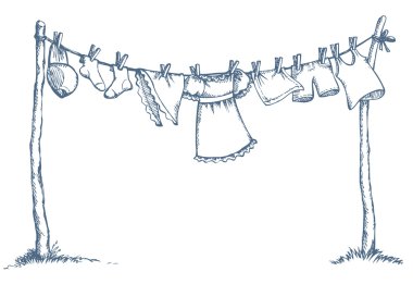 Giyim clothesline üzerinde yıkayın. Vektör çizim