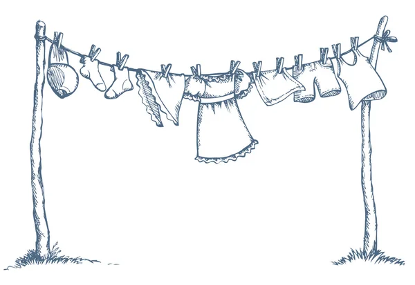 Wassen van kleding op waslijn. Vector tekening — Stockvector