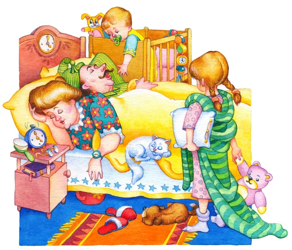 Watercolor illustration. Children wake up parents — Stock Photo, Image