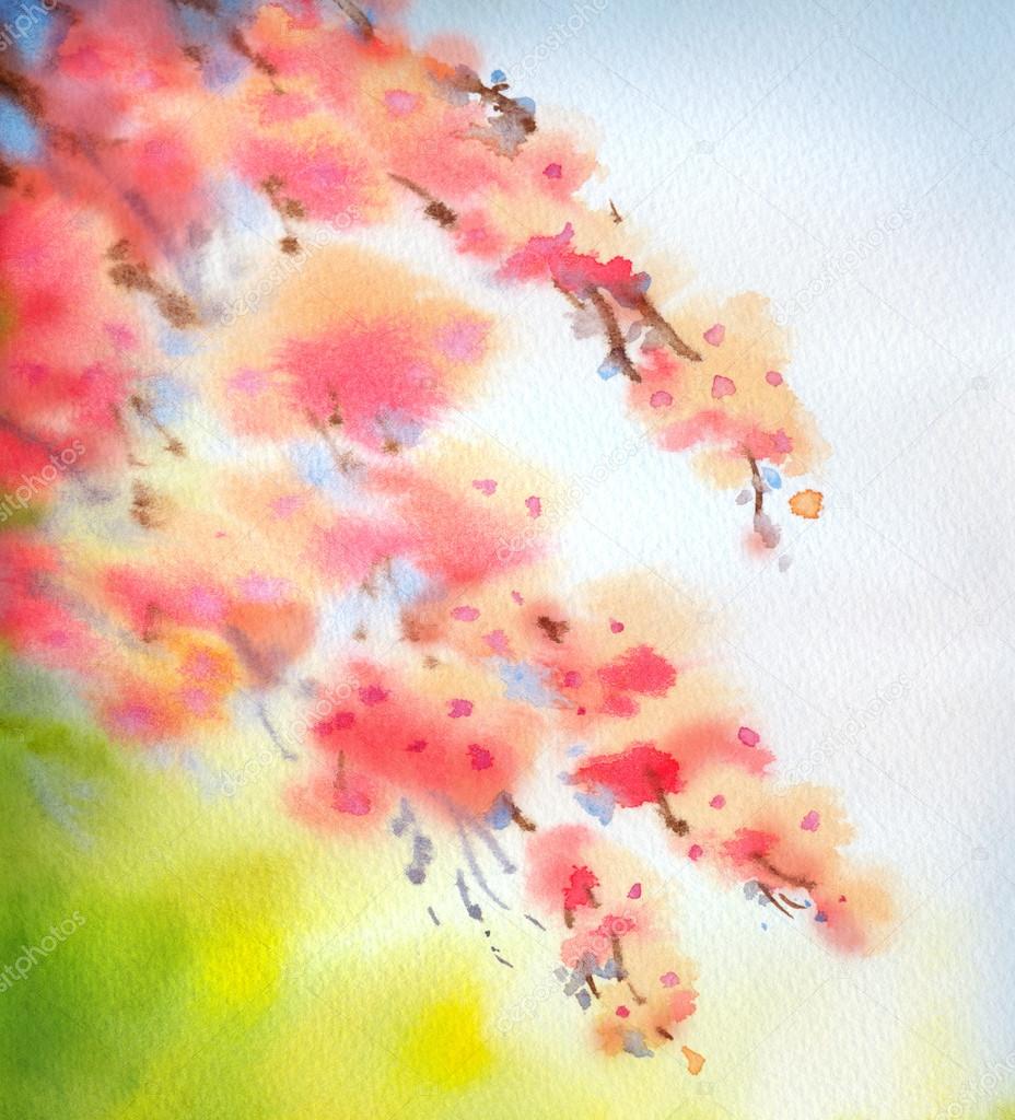 Watercolor background in Japanese style. Branches of blossoming 