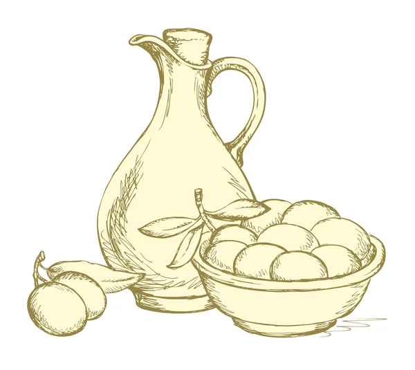 Dibujo vectorial. Bodegón de aceite en jarra y ramitas de aceitunas — Vector de stock