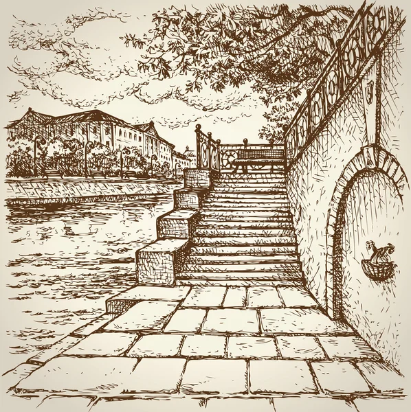 Old City Quay. Vector landscape — Stock Illustration Old City Quay. Vector landscape Vector Graphics