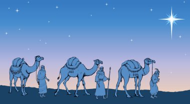 Üç Bilge Kral Bethlehem yıldızı takip. Vektör illustr