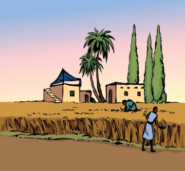 Kırsal İsrailli kadın köle, Müslüman, çalı ağacı, mısır tohumu, tahıl, un, çavdar, arpa, otlar, çayır yolu manzarası. El çizimi İncil çağı sanat taslak şehir gökyüzü