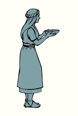 Genç, fakir, Yahudi, insan, yaşlı kadın, beyaz, kırsal, eski püskü, peçeli kumaş. El çizimi sanat eskizi mutlu kölelik çocuk çocuk işgücü iş etkinliği tepsisi getirin öğle yemeği için yalvarın