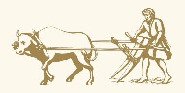 Elle çizilmiş erkek karabao sığır hayvan hayvan çukur kazma işi hasat işçiliği. Tarihi köy öncesi tarlaları kapayın. Ahşap işleme kültürü ikonu. Tarihi simge.