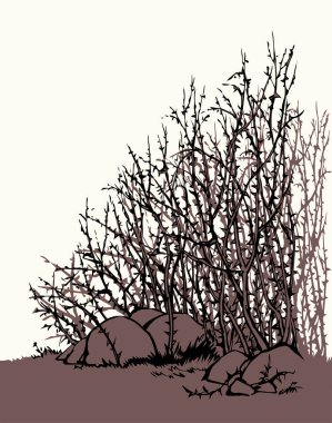 Yakın çekim İncil manzarası eski kuru kalça ağacı gökyüzü kutsal kitap alanı sahnesi. Karanlık el çizimi inanç tohum tohumu acı dal dalı meyve şekli simge logo amblemi tasarım retro çizgi karalama sanat tarzı 