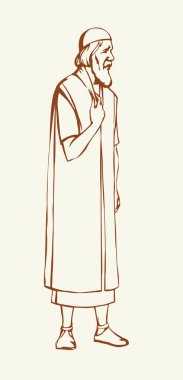 Middle age Jew robe cloth sad guy Moses troubl worry upset look ask god talk Jesus Christ assur faith trust. Hand drawn Asian think lost crisis feel stress Peter biblic story art sketch history culture