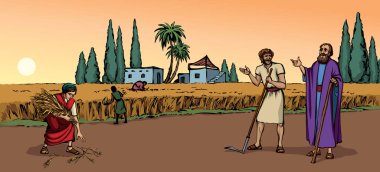 Doğu Asya Arap 'ın kıdemli insan şovu bayan konuşmasına bak. Yahudi kesimine, olgun çavdar kulağına, orak tarlasına, toprak ekimine, köle bahçesi işçisine sor. El çizimi İncil sanatı. Asya Yahudi evi.