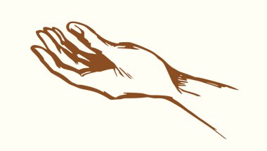 Yakından bakınca, zavallı avuç içi, kutsal İsa 'ya yalvarmak istiyor. İnanç noktası, Mercie Bakım Konsepti logosunu kutsasın. Kapanış çizgisi siyah çizgi. Rüşvet teklif edildi. Eski inanç çizgi film stili.