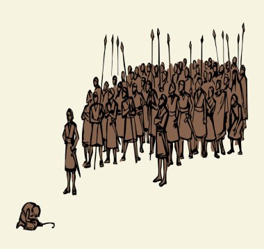 Retro yaşlı erkek güçlü zırhlı muhafız birliği insan kalabalığı Canaan arazi sahnesine düştü. Doğu siyah eli çizilmiş yahudi esir kampı. Hikayeyi İslam karikatürü çizimi kazandı.