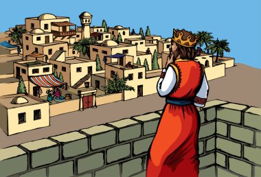 Retro sanat eskiz el çizimi Şef Lord dinlenme suçu şehvetli arzu uzanma arzusu çıplak Uriah kadın vücudu. Kraliyet Şöhreti, Süleyman aşığını suçlu buldu. Zafer hatırası, hükümdar, hükümdar, Tanrı 'nın Hikayesi Fort Sky.