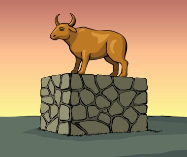 Orta Doğu 'da büyük bir taş Mısır' da altın sarısı Yahudi efsanesi beyaz kral ritüel boynuzu çiftliği erkek sığır ağası tapınağı simgesi el çizimi doğa tarlası tepesi parkı eskizi kutsal Musa hukuku sanatı grafik tarzı