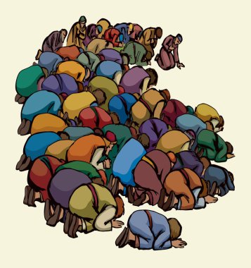 Kutsal BAE diz çökün Katar Arabistan erkek grubu kölesi Kral İsa 'ya yalvar beyaz toprak metin uzayı Kara çizgi el çizimi övgü dolu kız Kabe idolü eski İncil taslak sembolünü kutsa