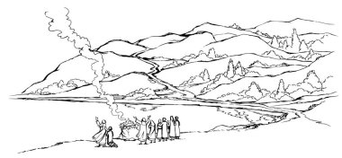 Kutsal Kanun 'un Hikayesi Yahudi insan rahip vahşi kayalar, çayırlar, ağaçlar, göletler, deniz kıyıları, gökyüzü manzarası. El çizimi sanat manzarası eski kırsal Pagan kabilesi günahkar kadın tarikatı koyun ayini sembolü