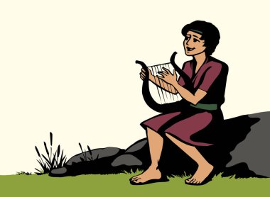 Genç Yahudi hobi erkek çocuk, parmak akoru, Lira Lute notası, dua et de eski moda robot resim çizimi tarzında çizilsin. İsrailli Lord Musevi kız halk sanatları sanatçısı Kral Saul beyaz gökyüzü