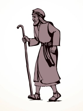 Yetişkin bilge, orta yaşlı erkek Yahudi, beyaz bornoz, baston görünümlü İsrail elbisesi giyer. El çizimi siyah retro müslüman uae uae hindi çöl adam Paul dua Tanrı İsa Mesih inancı yol inanış İslam sanat yolu