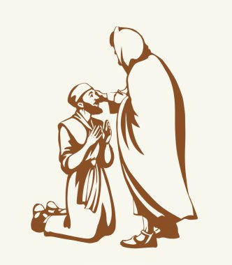 Yakından kutsal aziz çağı yahudi kutsal mesih Tanrı yargıcı kafa kafaya ver umut dile aşk için yalvar hastalıklı kulakları tedavi et beyaz yaşam sahnesi. Çizgi siyahı kilise gospel hikayesi Katolik sanat eskizi