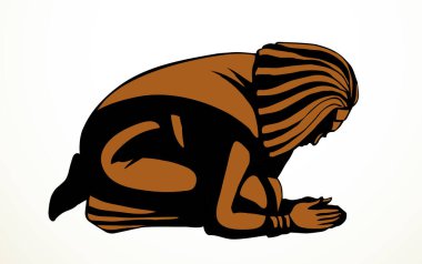 Yaşlılıktan sonra doğu etnik giysi, üzgün köle çocuk. Yalvarırım kutsal güveni kutsa. Kutsal Kral İsa Mesih. Siyah çizgili el umutsuzluğa kapılmış erkek adam yerde yatıyor kölelik, kölelik, İncil, sanat çizgi filmi.