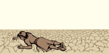 Genç hasta, baygın, yorgun, üzgün, genç, erkek, çocuk, İsmail, kutsal kitap gibi ağlayan bir Tanrı. El çizimi sıcak güneş kirli kum toprak toprak toprak toprak stres sıcak sıcak sıcak kurban Arap kız müslüman İslam sanatı