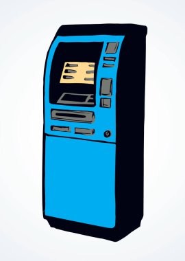 Web hattı mağazası kredi görüntüleme bancomat kiosk pin tuş takımı veznedar aygıtı beyaz kağıt üzerinde. Mavi renkli el çizilmiş dolar banknotları maaş monitörü logo simgesi simgesi konsepti grafik çizgi film stili