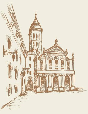 Şehir merkezinde yaşlanmış romantik bir yaz yeri. Büyük çizgi ortaçağ ön kapı manzarası. Eskimiş karikatür karikatür karalama gravür stiliyle çizilmiş siyah bir el resmi. Beyaz gökyüzü arkaplanındaki kağıt metin alanı